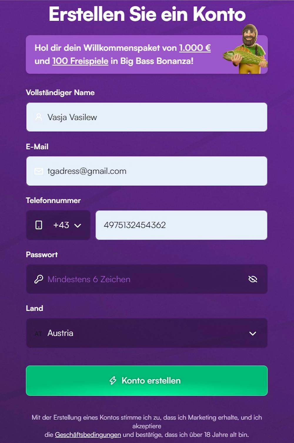 Das Registrierungsformular von Insta Spin Casino