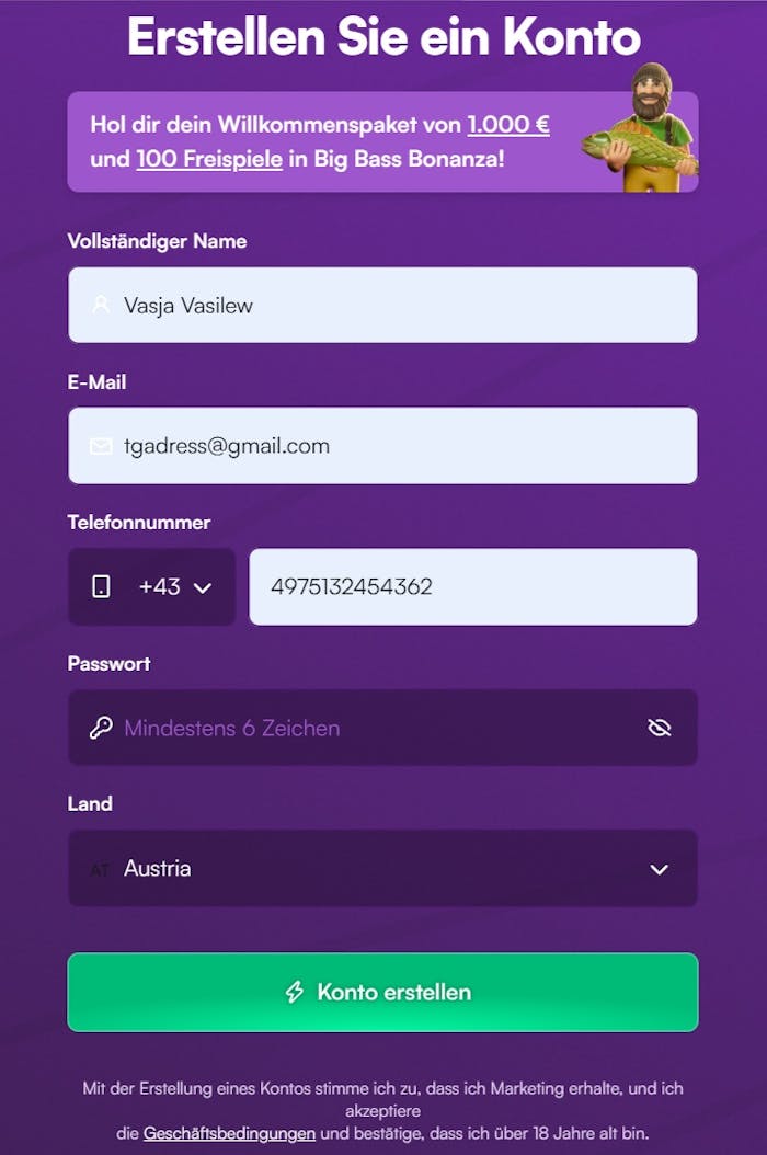 Das Registrierungsformular von Insta Spin Casino