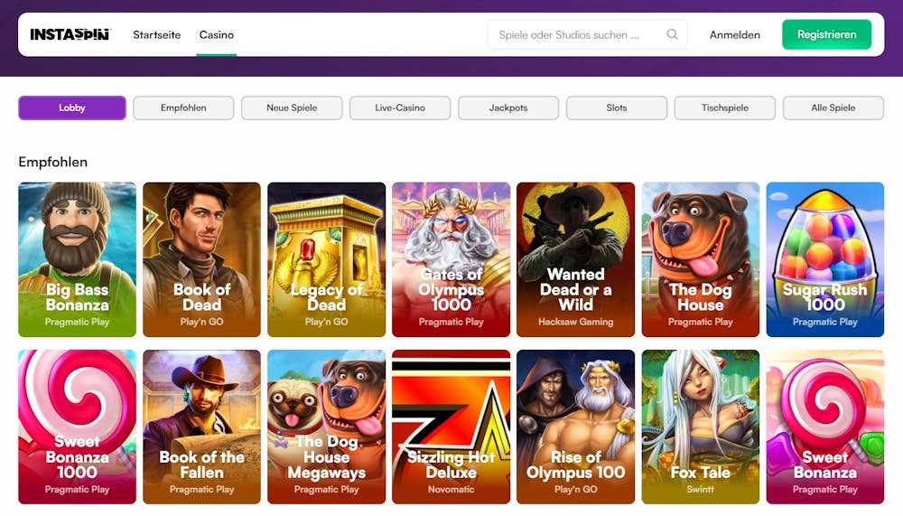Die Spielauswahl bei Insta Spin Casino mit verschiedenen Titeln wie Book of Dead und the Dog House Megaways