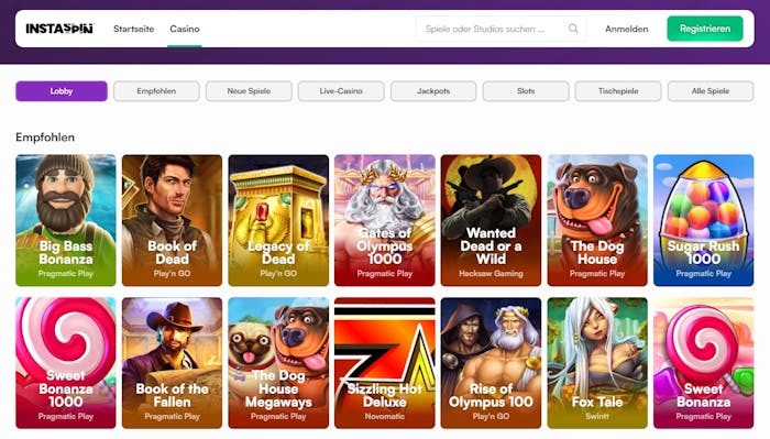 Die Spielauswahl bei Insta Spin Casino mit verschiedenen Titeln wie Book of Dead und the Dog House Megaways