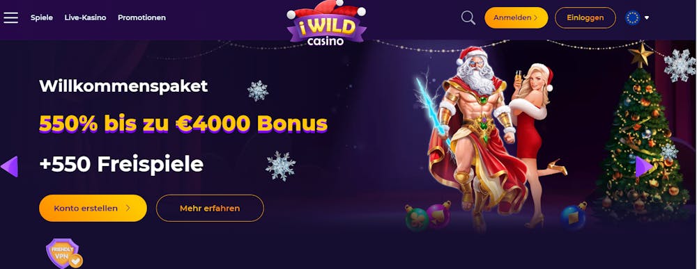 Die Homepage von IWild Casino mit einer Beschreibung über den Willkommensbonus von 550 % bis zu 4.000 € + 550 Freispiele