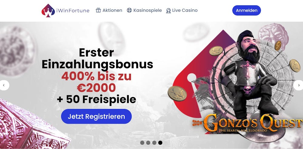 Iwin Fortune Casino Startseite zeigt Ersteinzahlungsbonus und Casino Bereiche