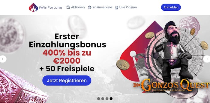 Iwin Fortune Casino Startseite zeigt Ersteinzahlungsbonus und Casino Bereiche