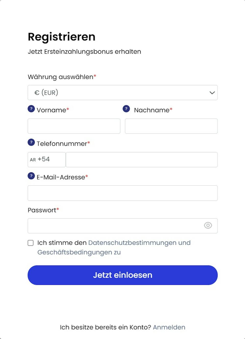 Registrierungsformular im Iwin Fortune Casino