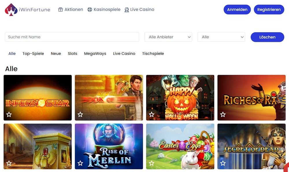 Iwin Fortune Spiellobby zeigt Spiele wie Book of Dead neben anderen Spielkategorien