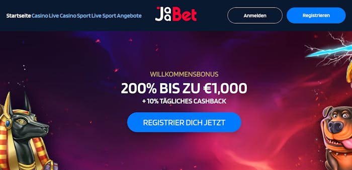 Startseite im Jaabet Casino zeigt Willkommensbonus