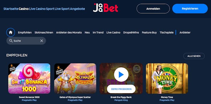 Spiellobby im Jaabet Casino zeigt empfohlene Spiele wie Sweet Bonanza 1000