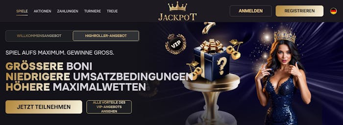 Startseite im JackPot Casino zeigt spezielle Angebote