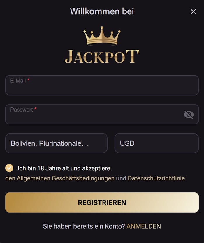 Anmeldeformular im JackPot Casino