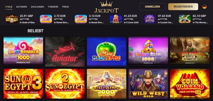 Spiellobby im JackPot Casino zeigt beliebte Spiele wie Sweet Bonanza 1000