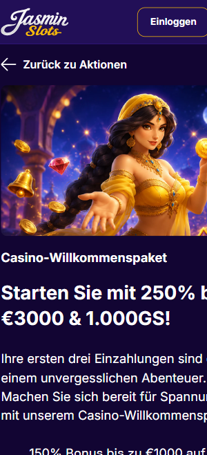 Jasmin Slots Screenshot mit dem Willkommensbonus.