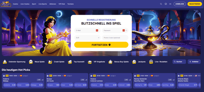 Jasmin Slots Screenshot mit der Startseite.