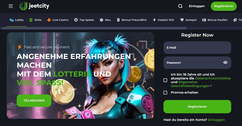 Die Jeetcity Casino Startseite zeigt Promotionen und Anmeldeformular.