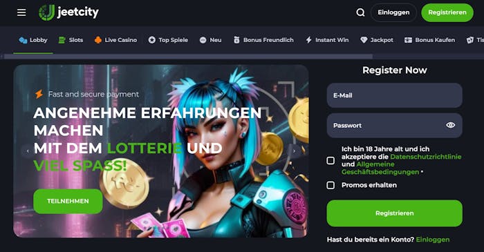 Die Jeetcity Casino Startseite zeigt Promotionen und Anmeldeformular.