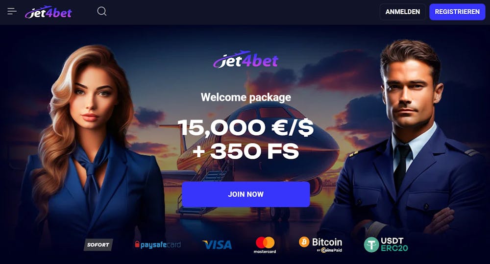 Die Homepage von Jet4Bet Casino mit einer Beschreibung über den Willkommensbonus von bis zu 15.000 € + 350 Freispielen