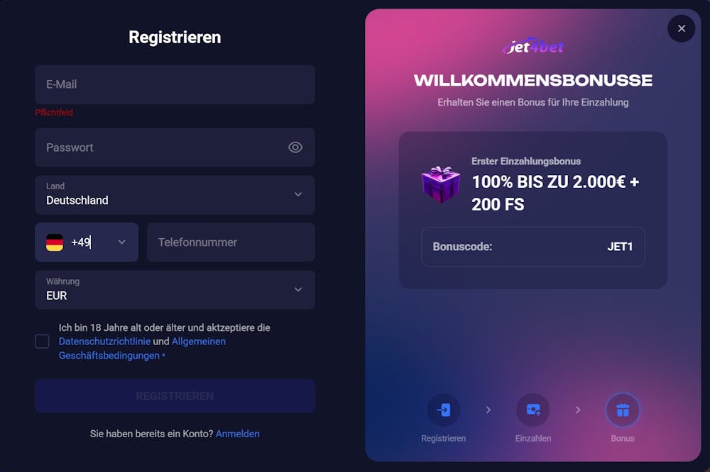 Das Registrierungsformular von Jet4Bet Casino 