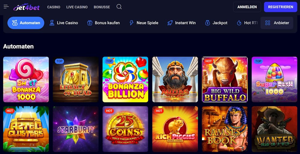 Die Auswahl an Spielen bei Jet4Bet Casino mit Titeln wie Bonanza Billion und Legacy of Dead