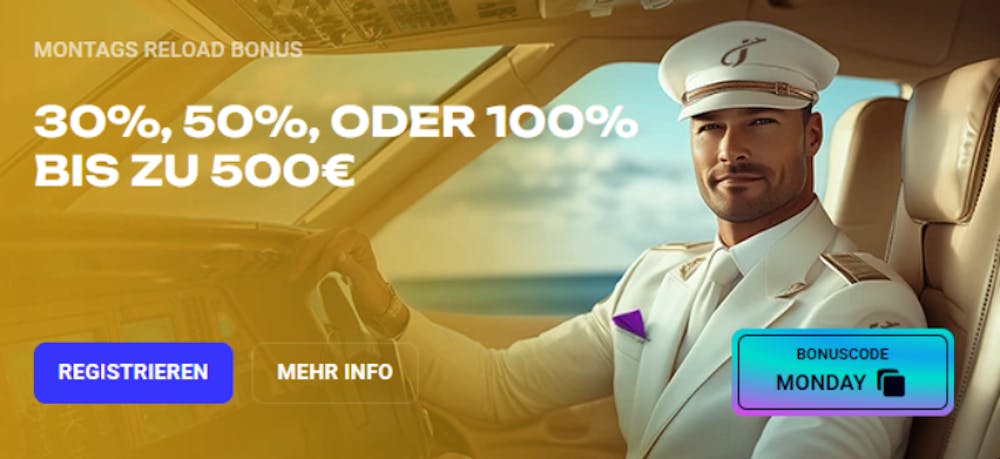 Screenshot vom Jet4bet Casino mit bis zu 500 € Reload Bonus mit dem Bonus Code MONDAY.
