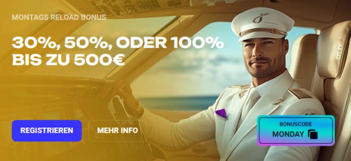 Screenshot vom Jet4bet Casino mit bis zu 500 € Reload Bonus mit dem Bonus Code MONDAY.
