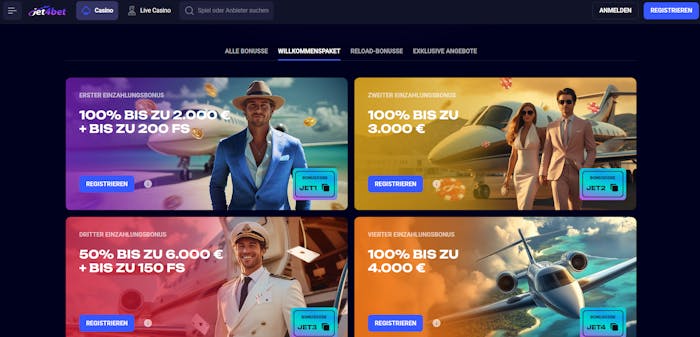 Screenshot vom Jet4bet Casino mit Startguthaben und den verschiedenen Angeboten, die Sie finden können.