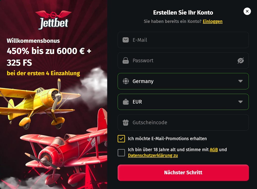 Die Registriermaske von Jettbet Casino, mi den Feldern Emal, Passwort, Land und Telefonnummer