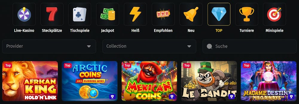 Die Spieleübersicht bei Jettbet Casino mit vielen verschiedenen Slots