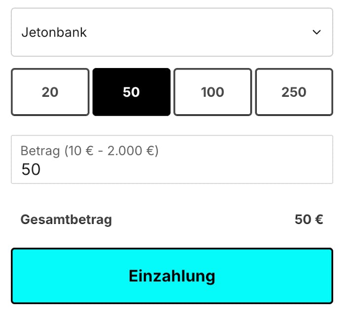 Einzahlungsbetrag im Jeton Casino auswählen