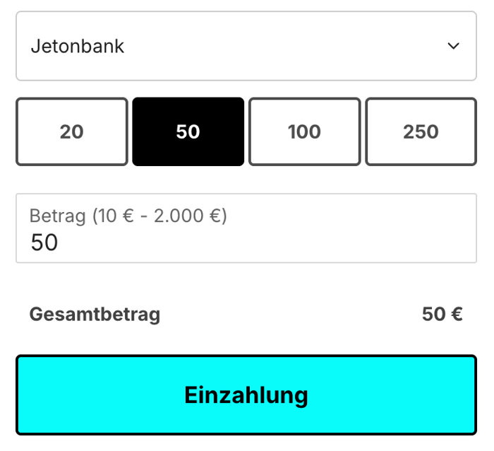 Einzahlungsbetrag im Jeton Casino auswählen