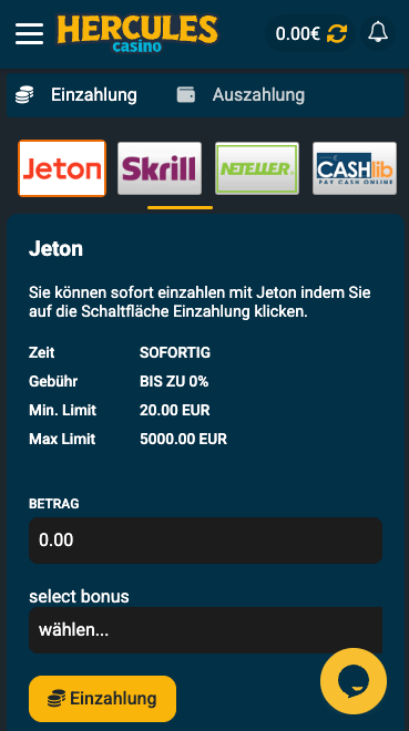 Einzahlung im Jeton Casino Hercules