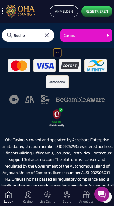 Verfügbarkeit von Jeton im Oha Casino