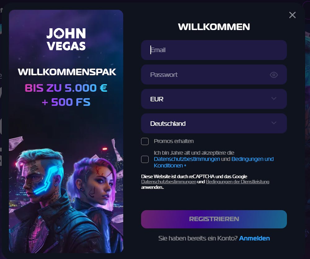 JohnVegasCasino Registrierung