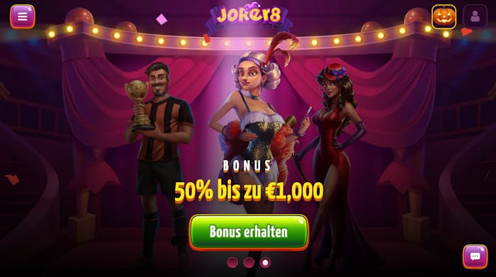 Joker8 Casino Screenshot mit der Startseite.
