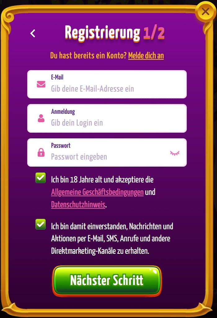 Screenshot vom Joker8 Casino, welcher die Anmeldeseite zeigt.