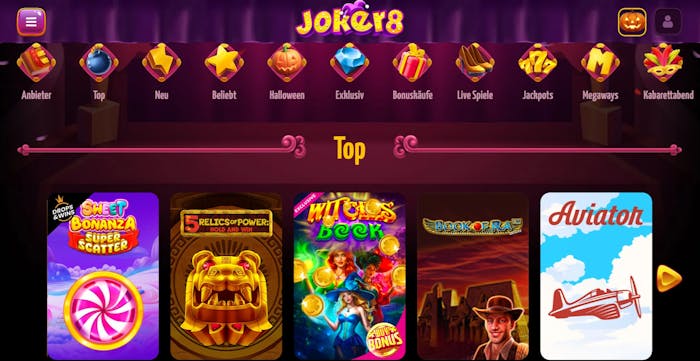 Joker8 Casino Screenshot mit der Auswahl der Slots.