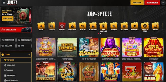 Spiellobby im Jokery Casino zeigt top Spiele wie Sweet Bonanza neben anderen Spielkategorien