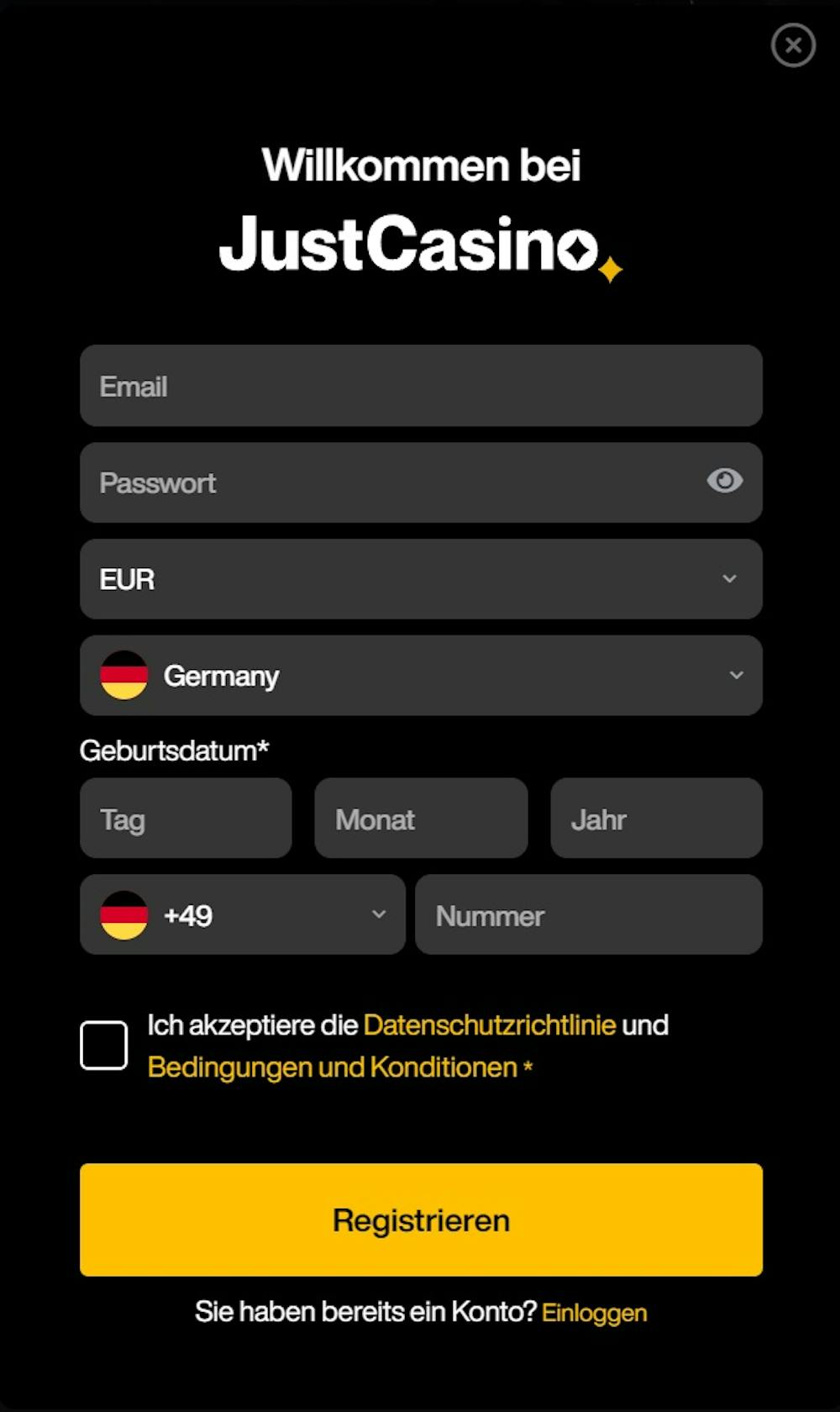 JustCasino Registrierung