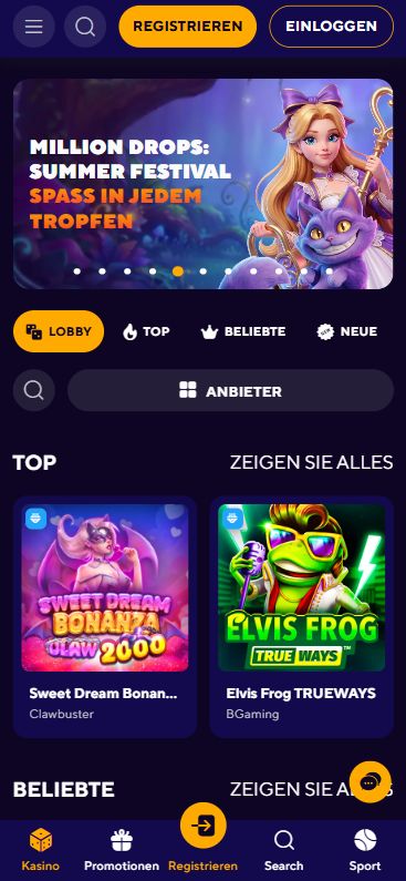 Startseite im Dazard Casino zeigt Spielkategorien und top Spiele wie Sweet Dream Bonanza