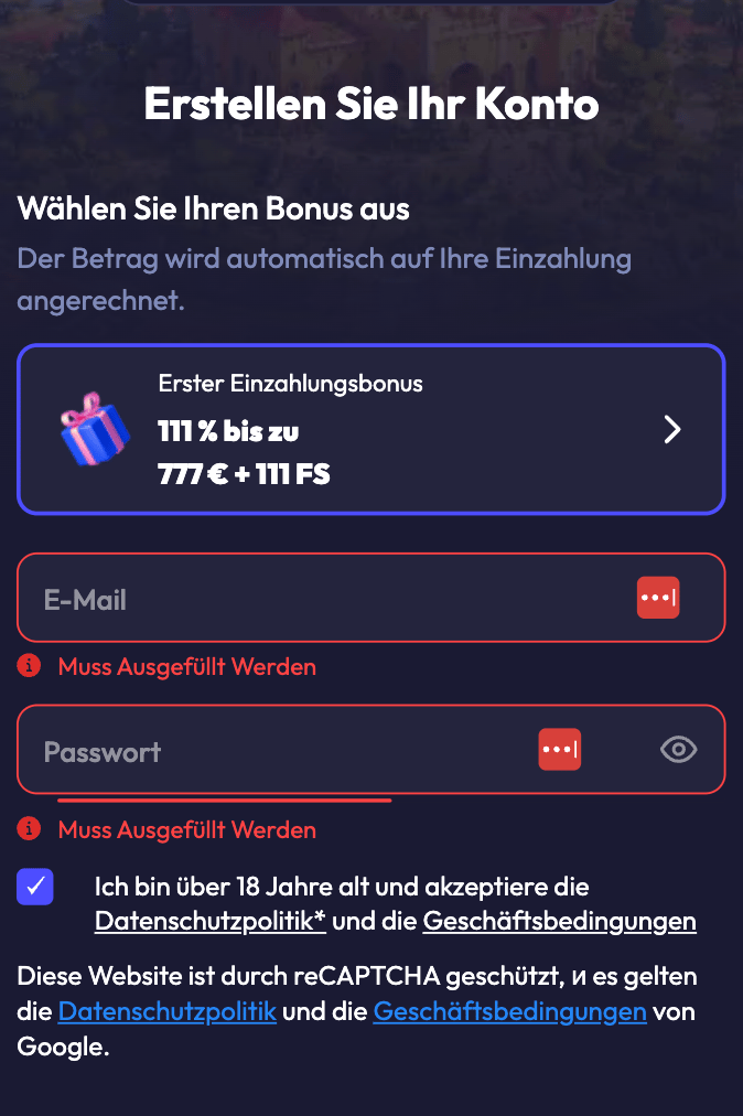 Das Registrierungsformular von Spinrise Casino