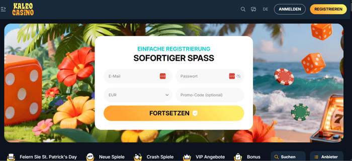 Kaleo Casino Screenshot mit der Startseite.