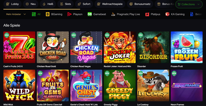 Spiellobby im Katsubet Casino zeigt alle Spiele wie Wild Wick neben anderen Spielkategorien
