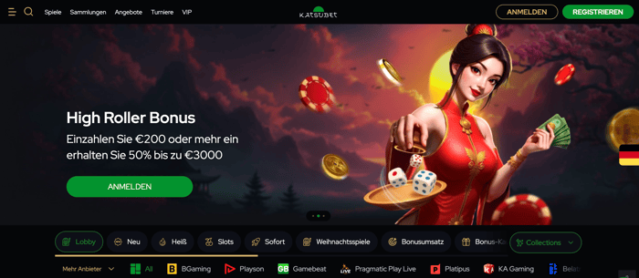 Startseite im Katsubet Casino zeigt High Roller Bonus und Spielkategorien
