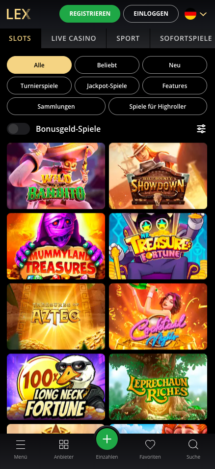 Lex Casino Spiellobby mit Bonusgeld Spielen