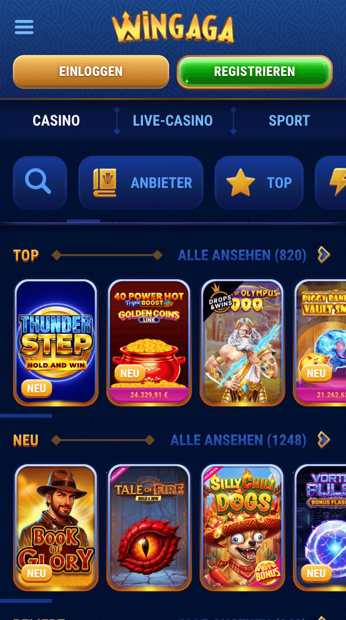 Wingaga Casino Spiellobby mit Suchleiste, Kategorien und top Spielen