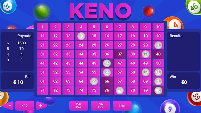 Keno Tabelle in lila mit blau und Nummern und Kugeln für die Keno Strategie,