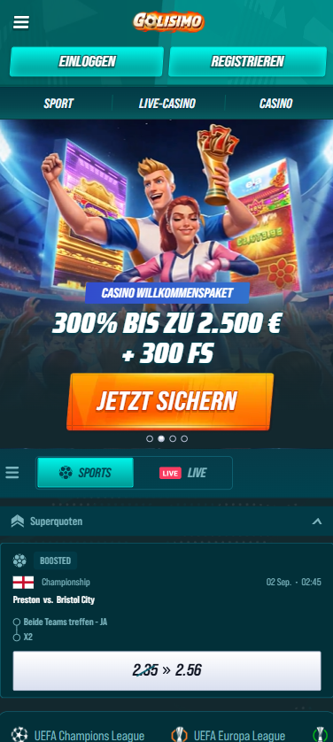 Golisimo Casino Screenshot, welcher die Startseite anzeigt, auf der man den Willkommensbonus sieht