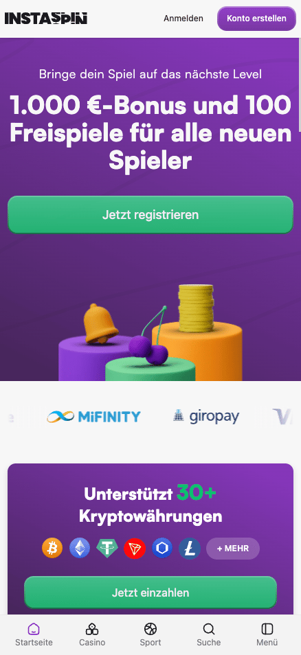 Die Homepage von Insta Spin Casino, mit einer Beschreibung über den Willkommensbonus