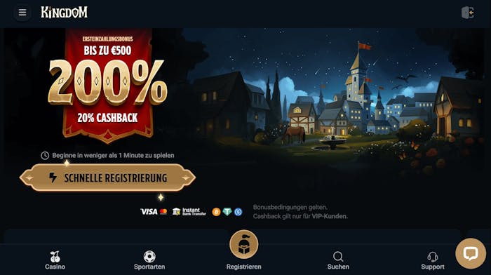 Screenshot vom Kingdom Casino mit dem Willkommensangebot und dem 200 % Bonus.