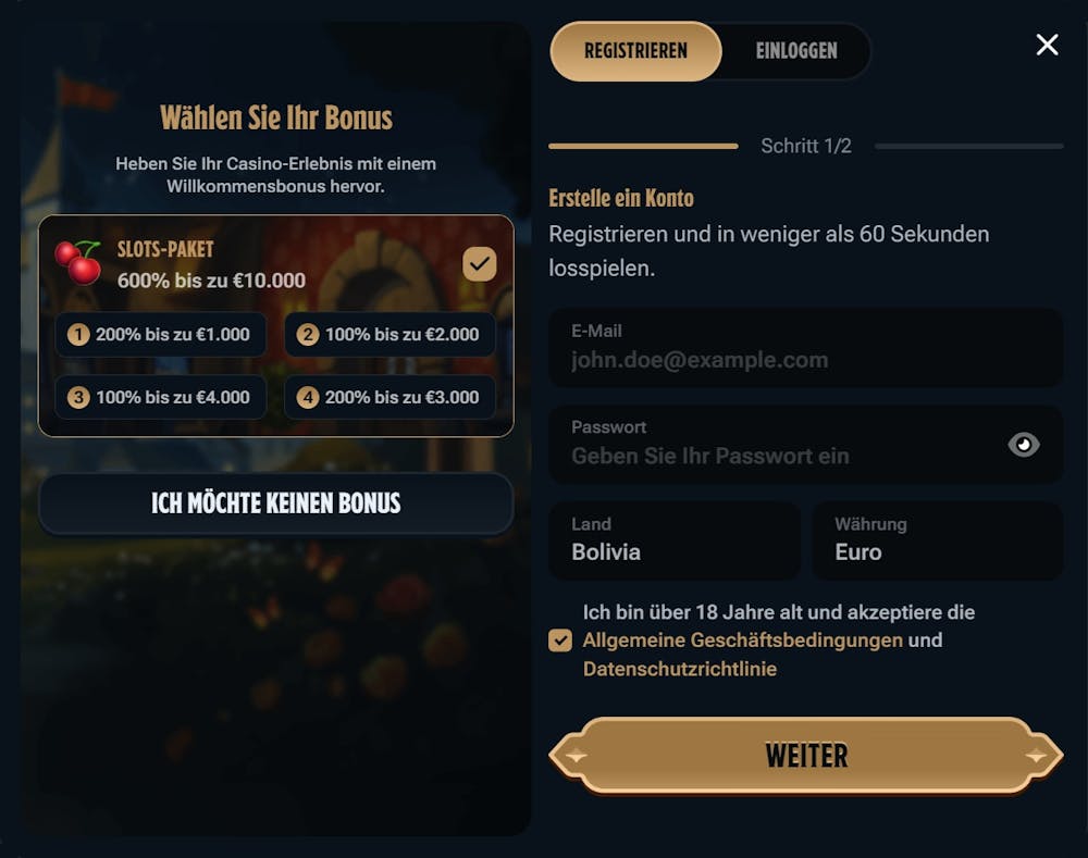 Kingdom Casino Screenshot mit der Anmeldeseite zum Eingeben der Daten.