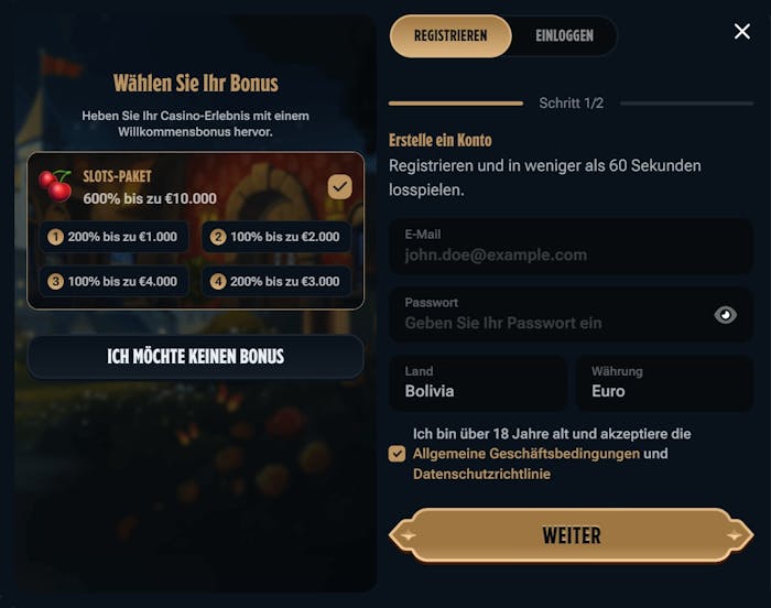 Kingdom Casino Screenshot mit der Anmeldeseite zum Eingeben der Daten.