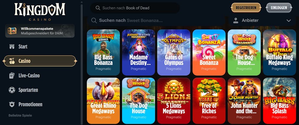 Kingdom Casino Screenshot mit der Slot Auswahl.
